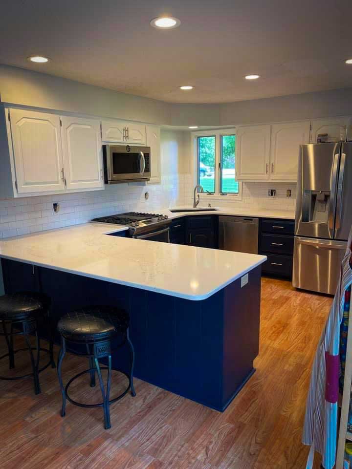 blue kitchen lower cabinets